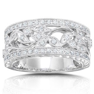 Annello 14k White Gold 1/4ct TDW Round Diamond Vintage Floral Miligrain Anniversary Ring (G-H, I1-I2)
