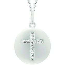 14k White Gold 1/10ct TDW Diamond Cross Disc Necklace