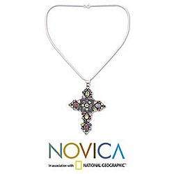 Sterling Silver 'Oriental Cross' Multi-gemstone Necklace (India)