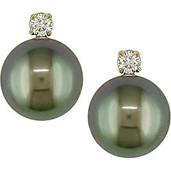 14k Gold Black FW Pearl and Diamond Earrings (7-7.5 mm)