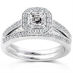 14k Gold 5/8ct TDW Asscher Diamond Bridal Halo Ring Set