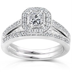 14k Gold 5/8ct TDW Princess Diamond Halo Bridal Ring Set