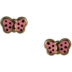 14k Yellow Gold Pink Enamel Butterfly Earrings
