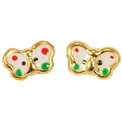 14k Yellow Gold White Enamel Butterfly Earrings