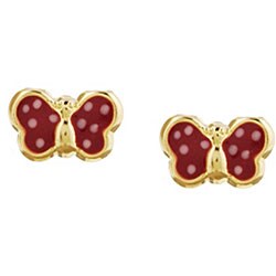14k Yellow Gold Red Enamel Butterfly Children's Earrings