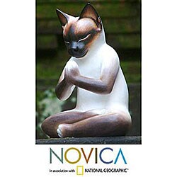 Wood 'Kitty Meditates' Statuette (Indonesia)