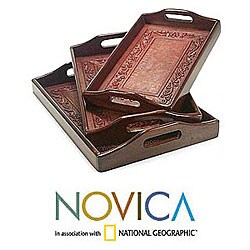 Set of 3 Cedar and Leather 'Collector' Trays (Peru)