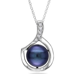 Miadora Sterling Silver Black Genuine Freshwater Pearl and Diamond Necklace (9-10 mm)