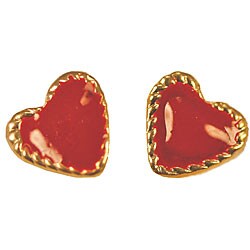 14k Yellow Gold Red Enamel Heart Earrings