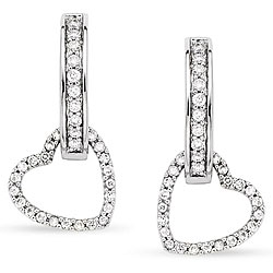Silver 1/4ct TDW Diamond Heart Charm Hoop Earrings