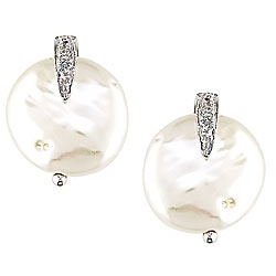 14k White Gold FW Coin Pearl and Diamond Earrings (10-11 mm)