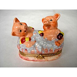 Limoges Hand-painted Bathing Piggies Keepsake Box
