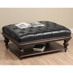 Tufted Black Leather Ottoman with Shelf