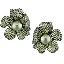 18k Gold Green Tahitian Pearl and Sapphire Earrings (10.5-11mm)