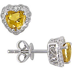 10k Gold Citrine, 1/10ct TDW Diamond Heart Earrings