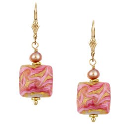 Charming Life 14k Goldfill Pink Art Glass and FW Pearl Earrings (5 mm)