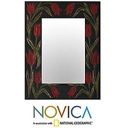 Leather-framed 'Red Tulips' Mirror (Peru)