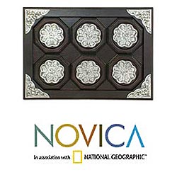 Set of 6 Nickel/ Wood 'Wilderness' Coasters with Tray (Thailand)