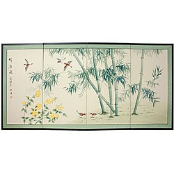 'Bamboo and Five Birds' Silk Painted Privacy Screen (China)