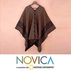 'Brown Black Glyphs' Alpaca Wool Reversible Poncho (Peru)