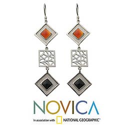 Silver Onyx and Carnelian 'Dawn to Dark' Earrings (Indonesia)