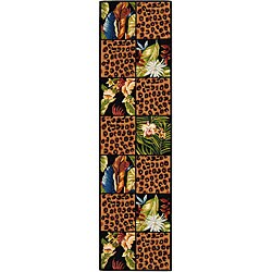 Hand-hooked Jungle Black Wool Runner (2'6 x 12')