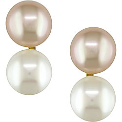 14k Yellow Gold Pink and White FW Pearl Earrings