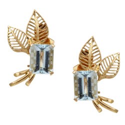 18k Yellow Gold Aquamarine Leaf Estate Earrings