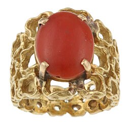 18k Yellow Gold Oval Coral Cocktail Estate Ring (Size 5)