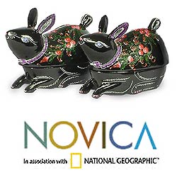 Pair of Lacquered Wood 'Carnation Bunnies' Boxes (Thailand)