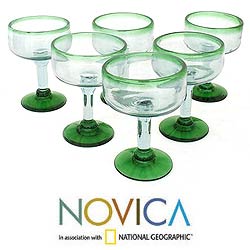 Set of 6 Blown Glass Green Margarita Glasses (Mexico)