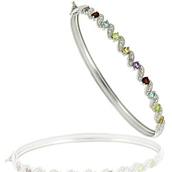 Glitzy Rocks Sterling Silver Multi-gemstone and Diamond Accent Bangle
