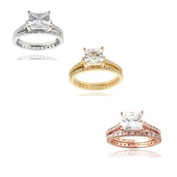 Icz Stonez Sterling Silver/ Gold Over Sterling Silver Princess-cut Cubic Zirconia Bridal-style Ring Set
