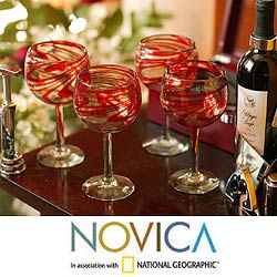 Set of 6 'Crimson Serpentines' Blown Wine Glasses (Mexico)