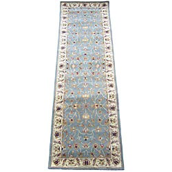 Indian Light Blue/ Ivory Wool Rug (2'6 x 8)