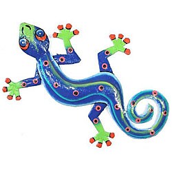 Recycled OIl Drum Painted Blue/ Green Gecko Wall Art (Haiti)