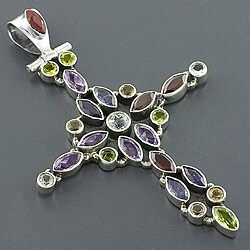 Sterling Silver and Multi-gemstone Cross Pendant (India)