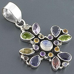 Sterling Silver and Multi-gemstone Cross Pendant (India)