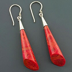 Sterling Silver Red Sea Coral Dangle Earrings (Bali)