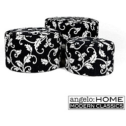 angelo:HOME Nesting Round Ottomans Charcoal Black and White Vine (Set of 3)