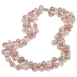 DaVonna Silver Multi Pink FW Pearl 3-row Twisted Necklace (4 mm/ 8 mm)