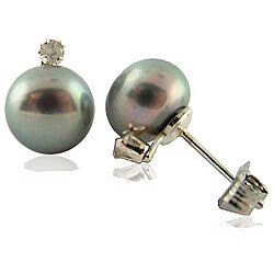 DaVonna Sterling Silver Grey FW Pearl/ 1/10ct TDW Diamond Earrings (8-8.5 mm)