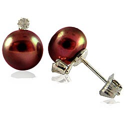 DaVonna Sterling Silver Black FW Pearl/ 1/10ct TDW Diamond Earrings (8-8.5 mm)