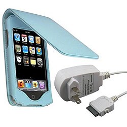 iPod Touch 2nd Blue Leather Case and Wall Charger 