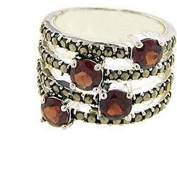 Sterling Silver Garnet and Marcasite 4-row Ring