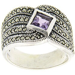 Sterling Silver Purple Cubic Zirconia and Marcasite Ring