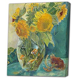 'Sun Flower and Gold Fish' Oil Brush Giclee Print Canvas Art