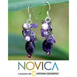 'Dream Girl' Pearl and Amethyst Cluster Earrings (Thailand)