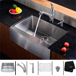 Kraus Stainless Steel Farmhouse Kitchen Sink, Faucet and Dispenser