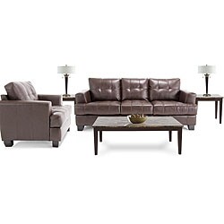 7 Piece Living Room Package: Leather Sofa and Leather Chair, Coffee Table, 2 End Tables and 2 Lamps